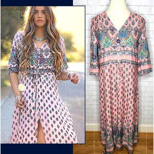 Anthropologie Plus 2XL Boho Maxi Dress Flowy Long Sleeves Gypsy V Neck Pink Teal
